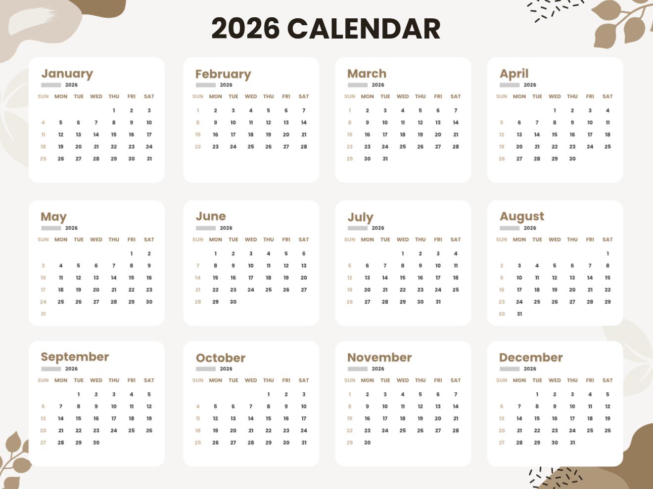 2026 yearly calendar in neutral brown tones with rounded month boxes and botanical accents