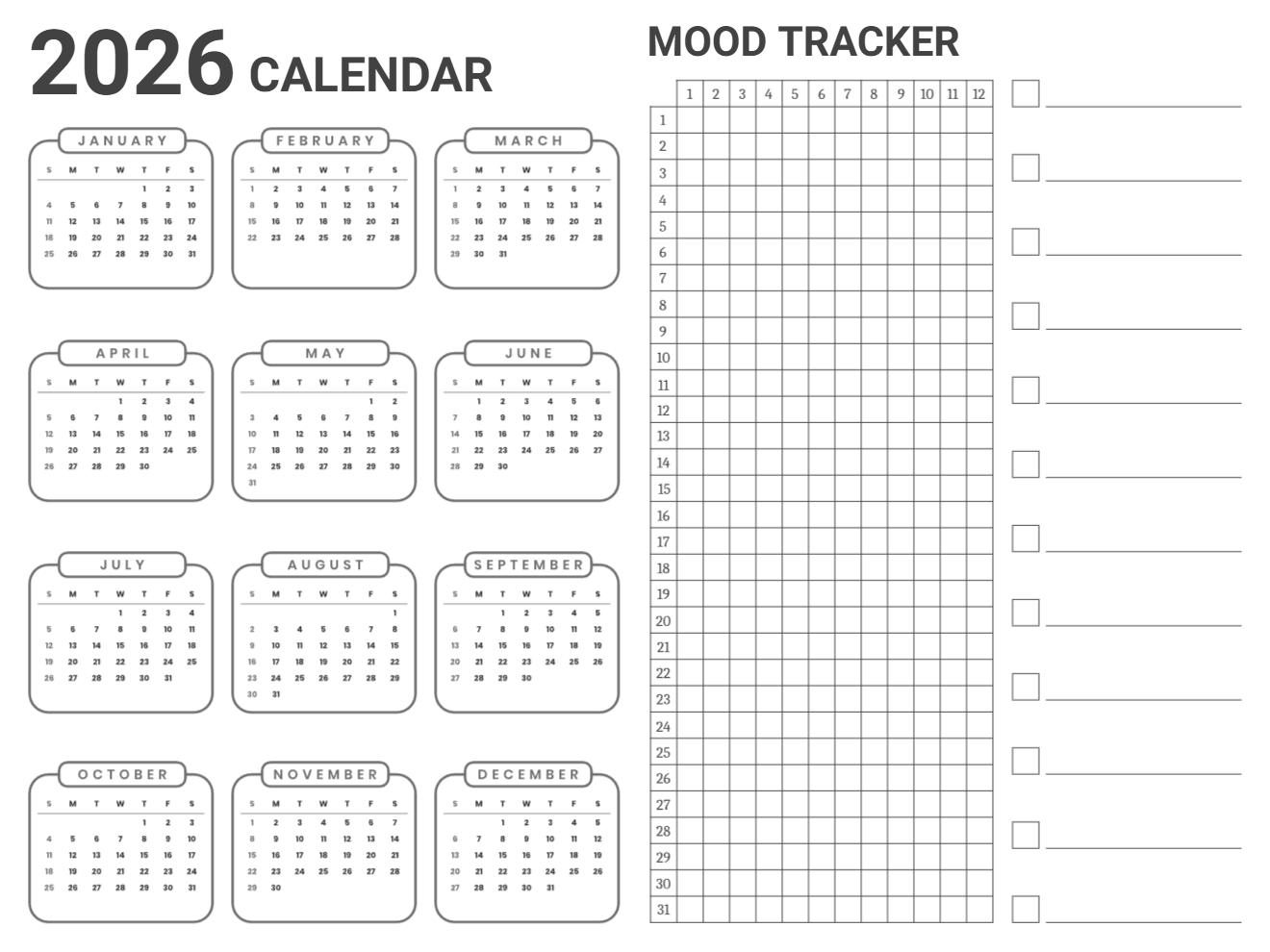 2026 yearly calendar with daily mood tracker grid