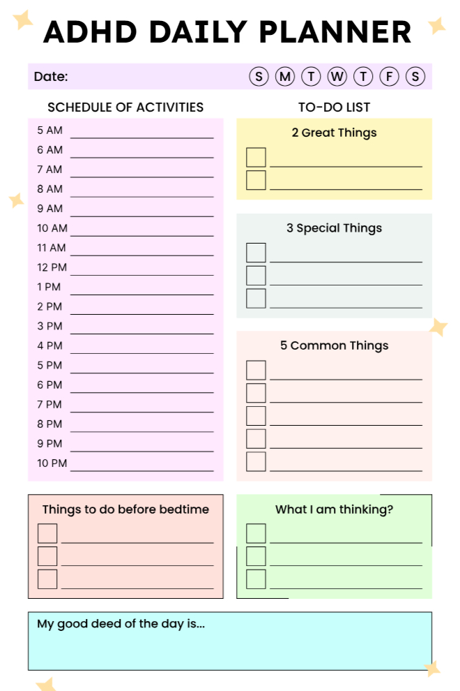 ADHD daily planner with hourly schedule, prioritized task categories, bedtime checklist, thinking space, and good deed section