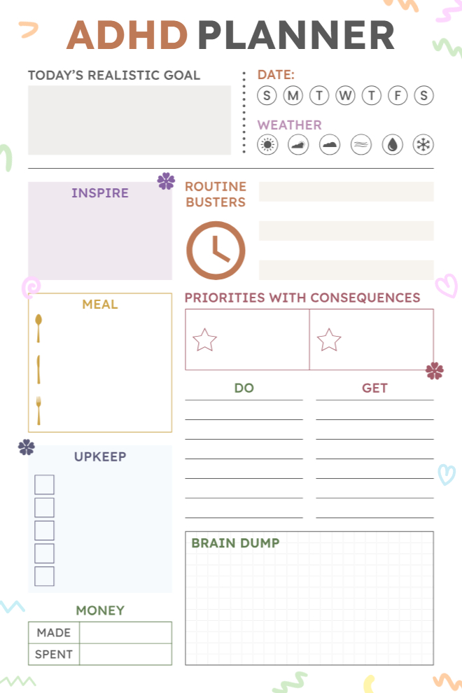 ADHD daily planner with realistic goals, weather icons, inspire section, routine busters, meal plan, priorities, upkeep checklist, money tracker, and brain dump