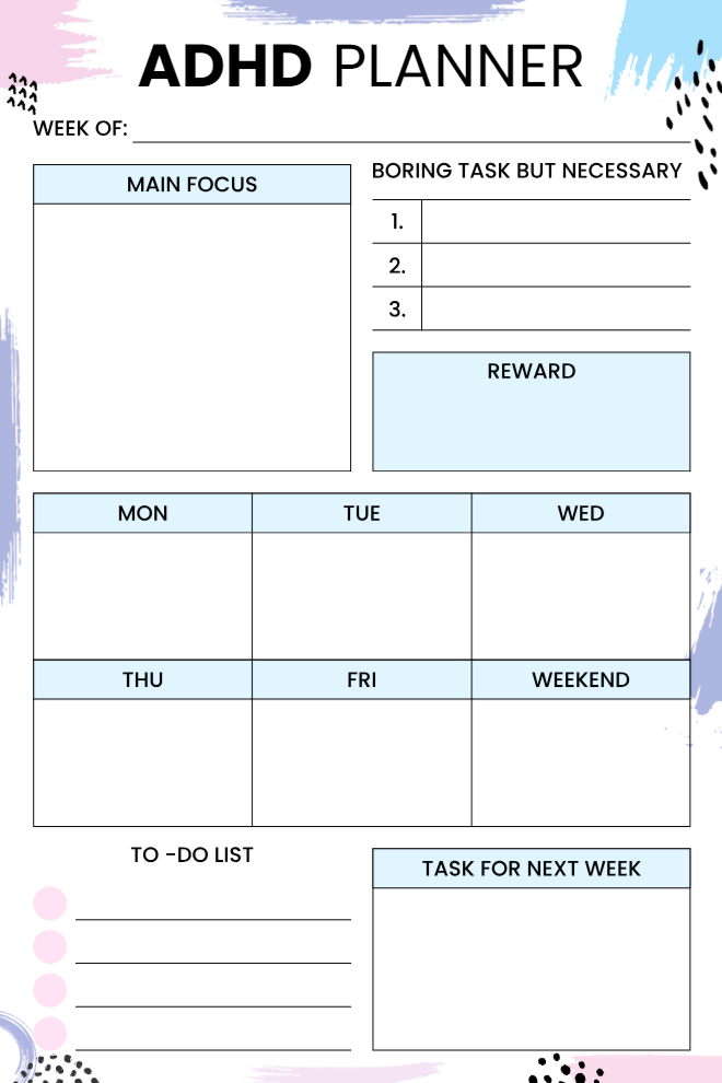 ADHD weekly planner with main focus, boring but necessary tasks, reward sections, daily boxes, and next week planning