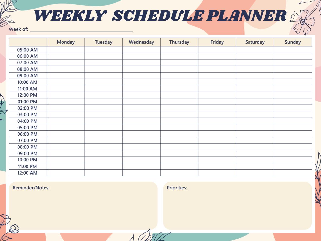 Landscape floral weekly schedule planner with 7-day hourly grid from 5 AM to midnight, reminders box, and priorities section on a colorful botanical background.