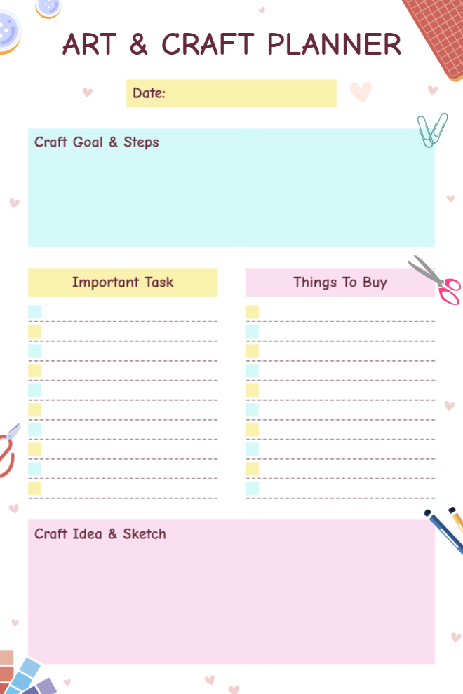 Art & Craft Planner on white with pastel mint, yellow, and pink sections, craft supply illustrations, date field, craft goal section, side-by-side important task and things to buy checklists, and craft idea sketch box at the bottom.