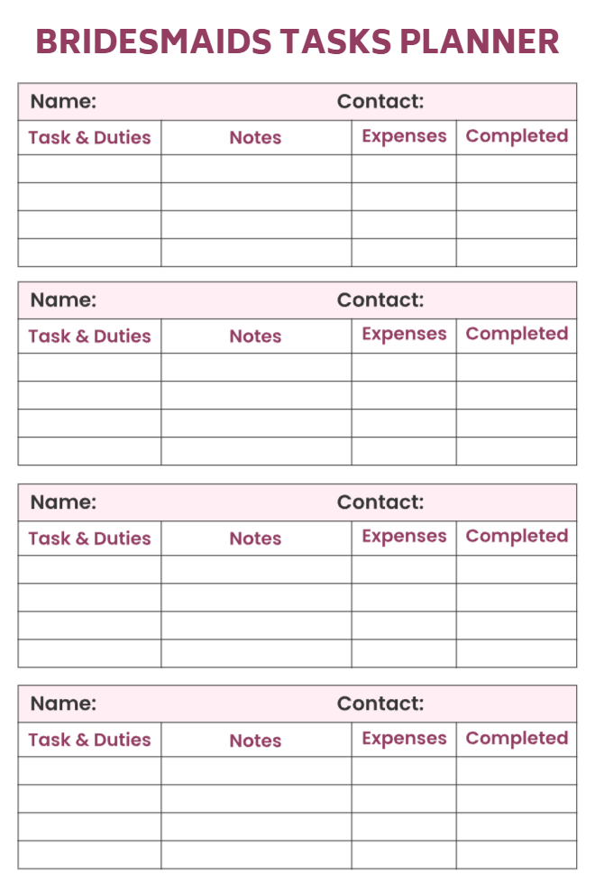 Bridesmaids tasks planner with sections for name, contact, duties, notes, expenses, and completion