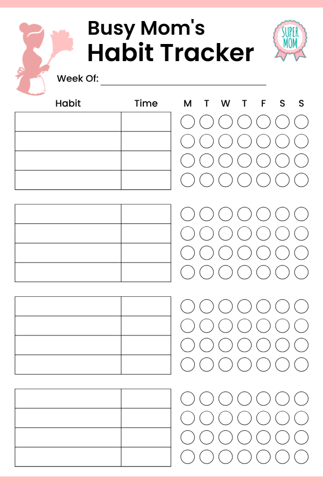 Busy mom's habit tracker with habit, time, and daily tracking columns