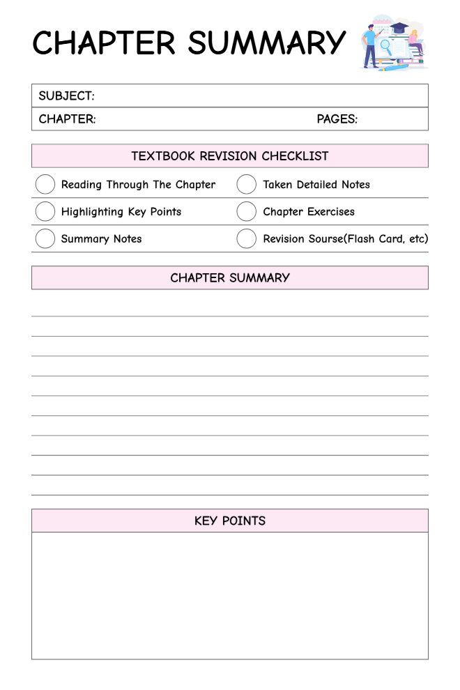 Chapter Summary Planner with subject and chapter fields, textbook revision checklist, chapter summary writing space, and key points box on white background with pink accents.