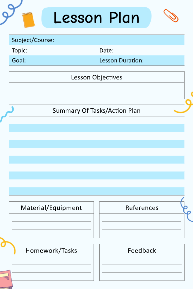 Basic lesson plan template with objectives, tasks, materials, references, homework, and feedback sections