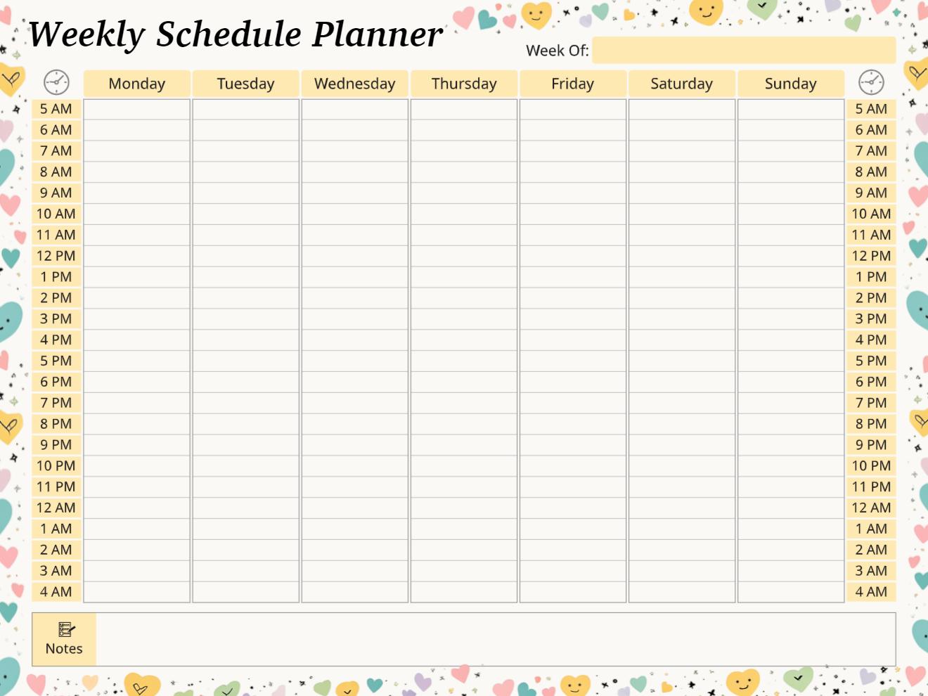 Colorful hourly weekly schedule planner with 7-day 24-hour grid from 5 AM to 4 AM and notes section, surrounded by hearts and a smiley face border.