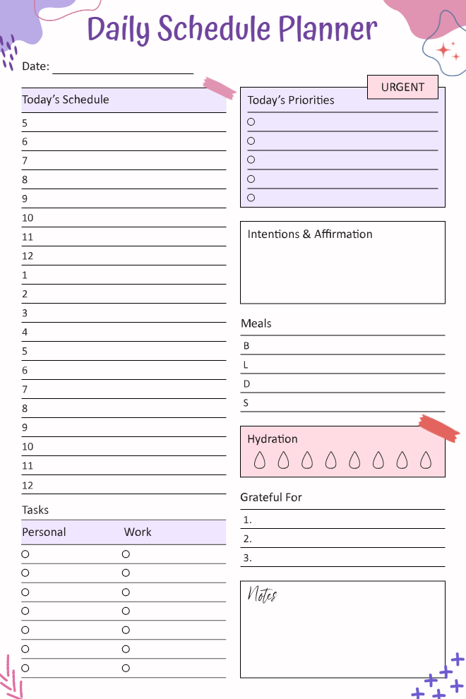 All-in-One Daily Schedule Planner in purple and pink with hourly schedule, priorities, intentions, meals, hydration tracker, gratitude, and personal and work task columns.