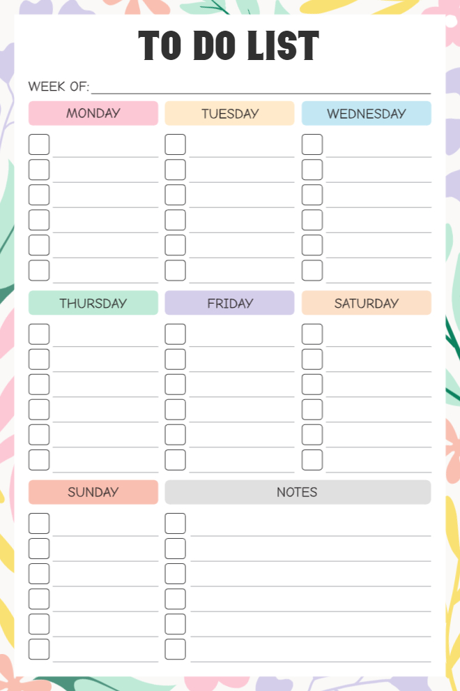 Colorful weekly to-do list with daily sections for Monday through Sunday and a notes area