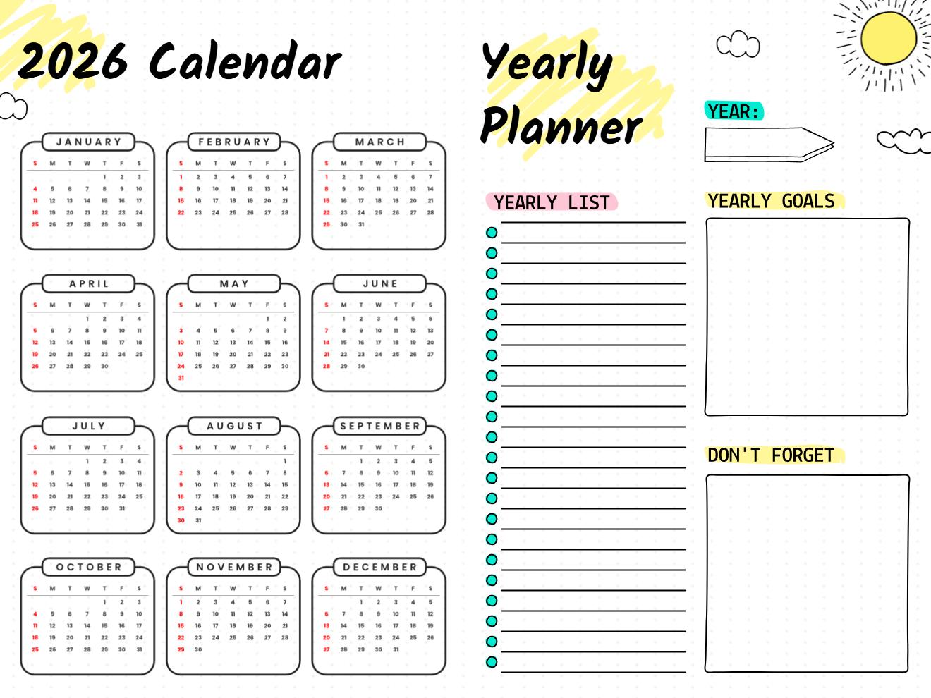 2026 yearly planner with calendar and sections for goals, lists, and reminders