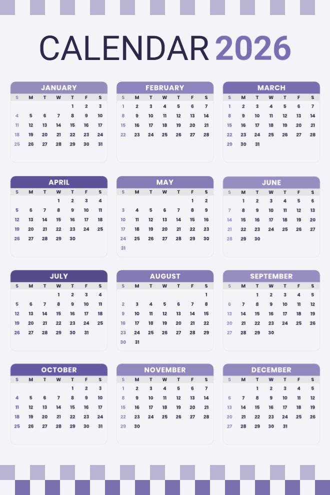 2026 yearly calendar in purple showing all 12 months in a grid layout