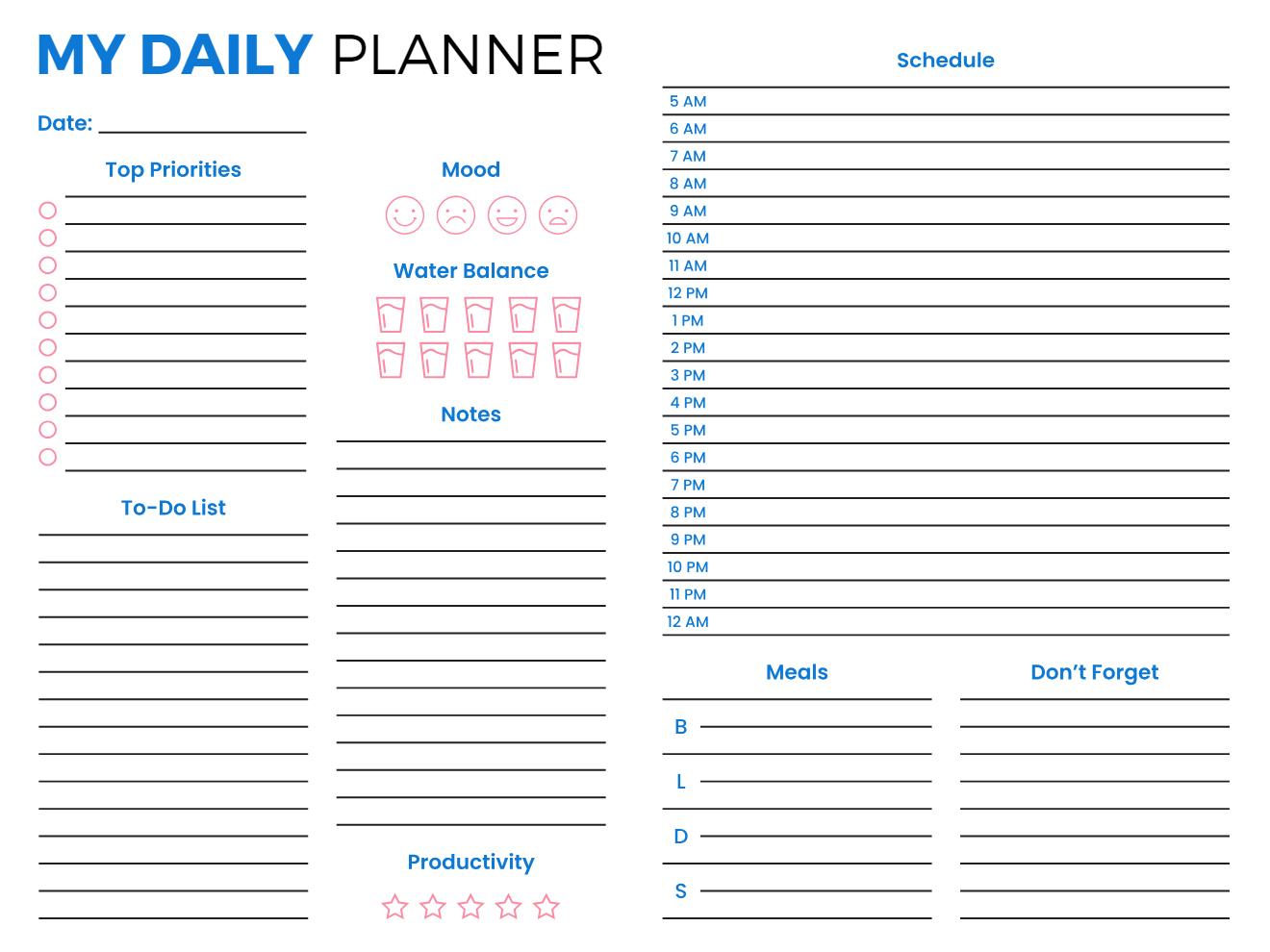 Blue and white comprehensive daily planner with hourly schedule, priorities, to-do list, mood tracker, water balance, meal planner, productivity rating, and a don't forget column.