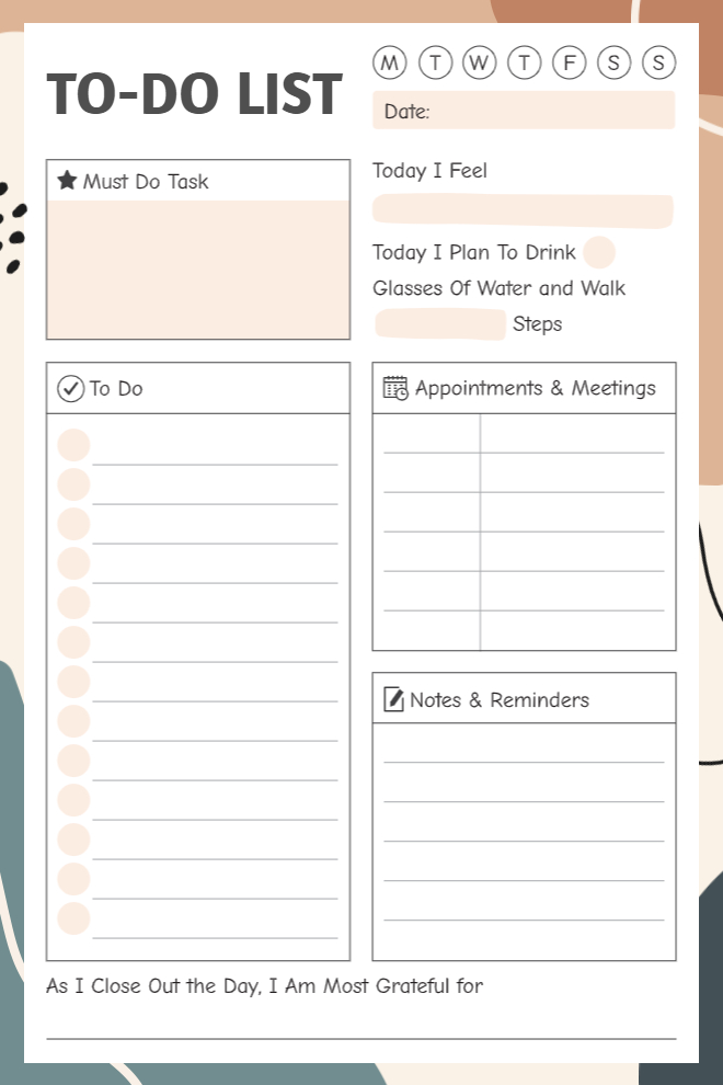 Daily to-do list with wellness tracking, mood check-in, appointments, and gratitude prompt