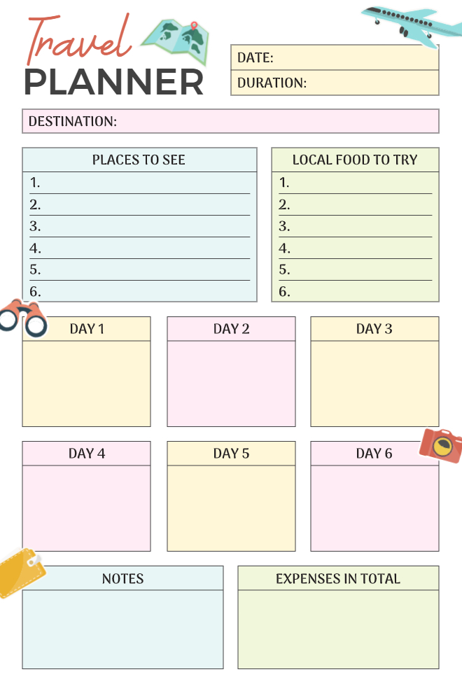 Colorful six-day travel planner with places to see and local food lists, six individual day boxes, notes, and total expenses sections, and travel illustration accents.