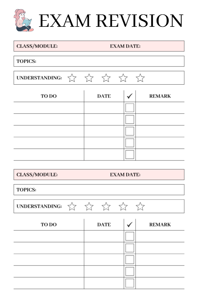 Exam Revision Planner with two subject sections, class and exam date fields, topics, 5-star understanding rating, and to-do table with date, checkbox, and remark columns on a white background.