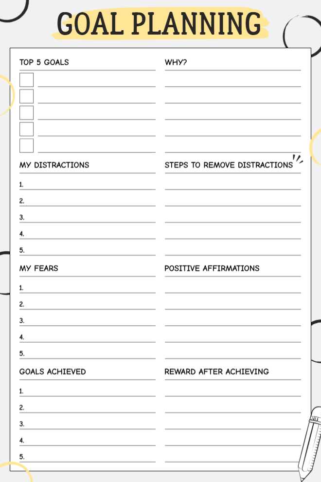 Goal planning worksheet with top 5 goals, distractions, fears, affirmations, and rewards sections