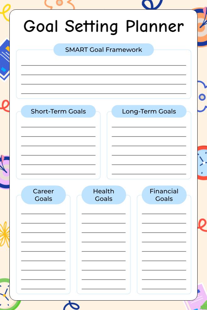 Goal-setting planner with SMART framework, short and long-term goals, and career, health, and financial sections