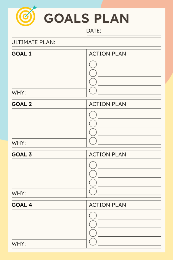 Goals plan with ultimate vision, four goals with why statements, and action checklists