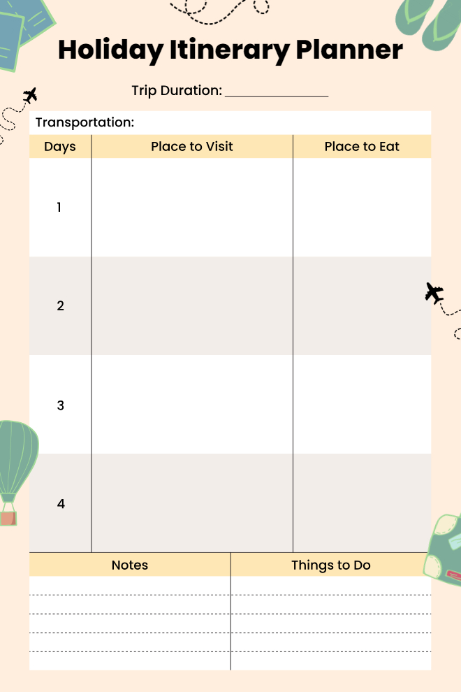 Peach holiday itinerary planner with four-day grid, place to visit and place to eat columns, transportation field, and notes and things to do sections.