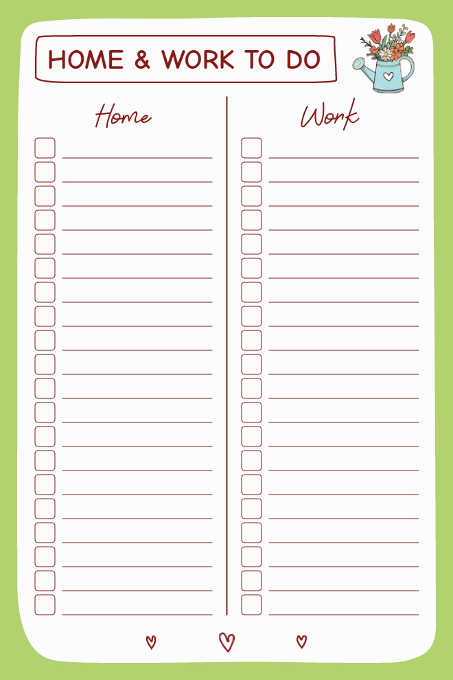 Home and work to-do list with separate columns for personal and professional tasks