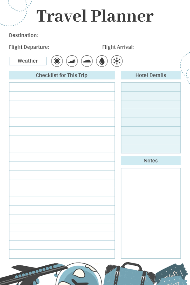 Light blue travel planner with destination, flight details, weather icons, trip checklist, hotel details, and notes sections with travel illustration at the bottom.