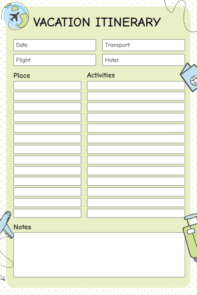 Soft green vacation itinerary with place and activities two-column list, date, flight, transport, and hotel fields, and notes section with travel illustration accents.