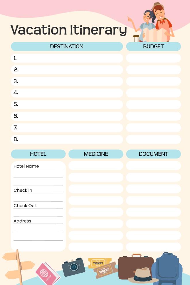 Cream and teal vacation itinerary with eight destinations and budget rows, hotel details section, and medicine and document checklists with travel character illustration.
