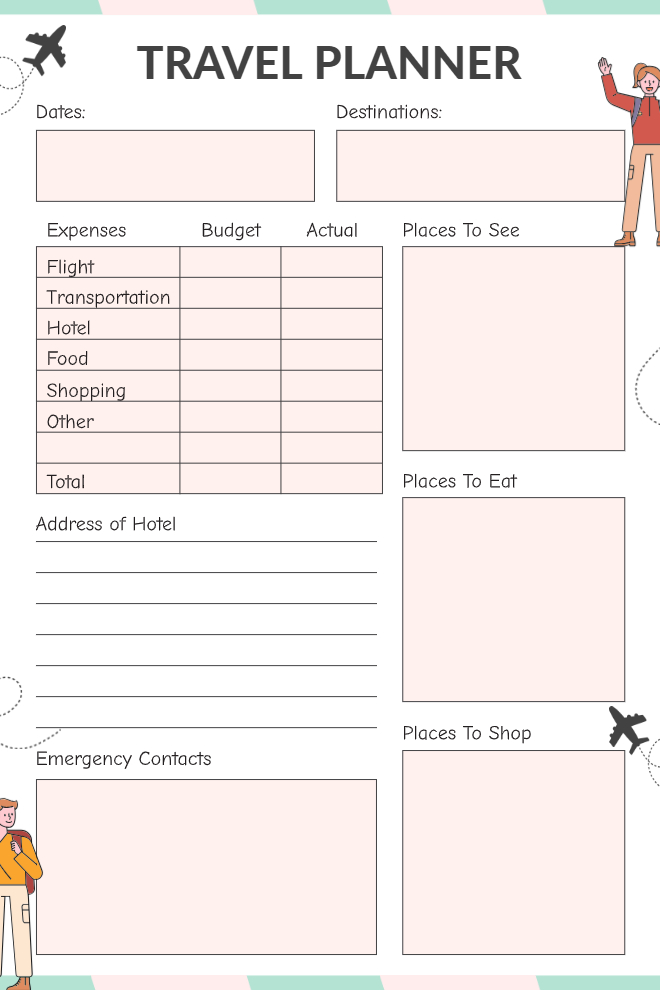Soft pink travel planner with budget vs actual expense table, places to see, eat, and shop sections, hotel address, and emergency contacts block.