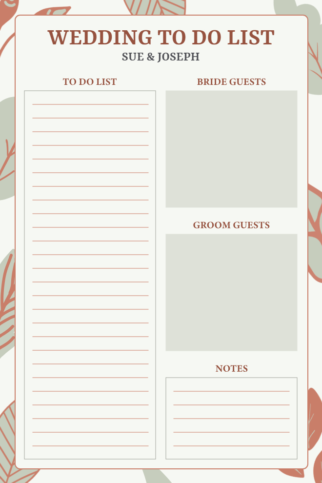 Wedding to-do list with couple names, task list, bride and groom guest sections, and notes