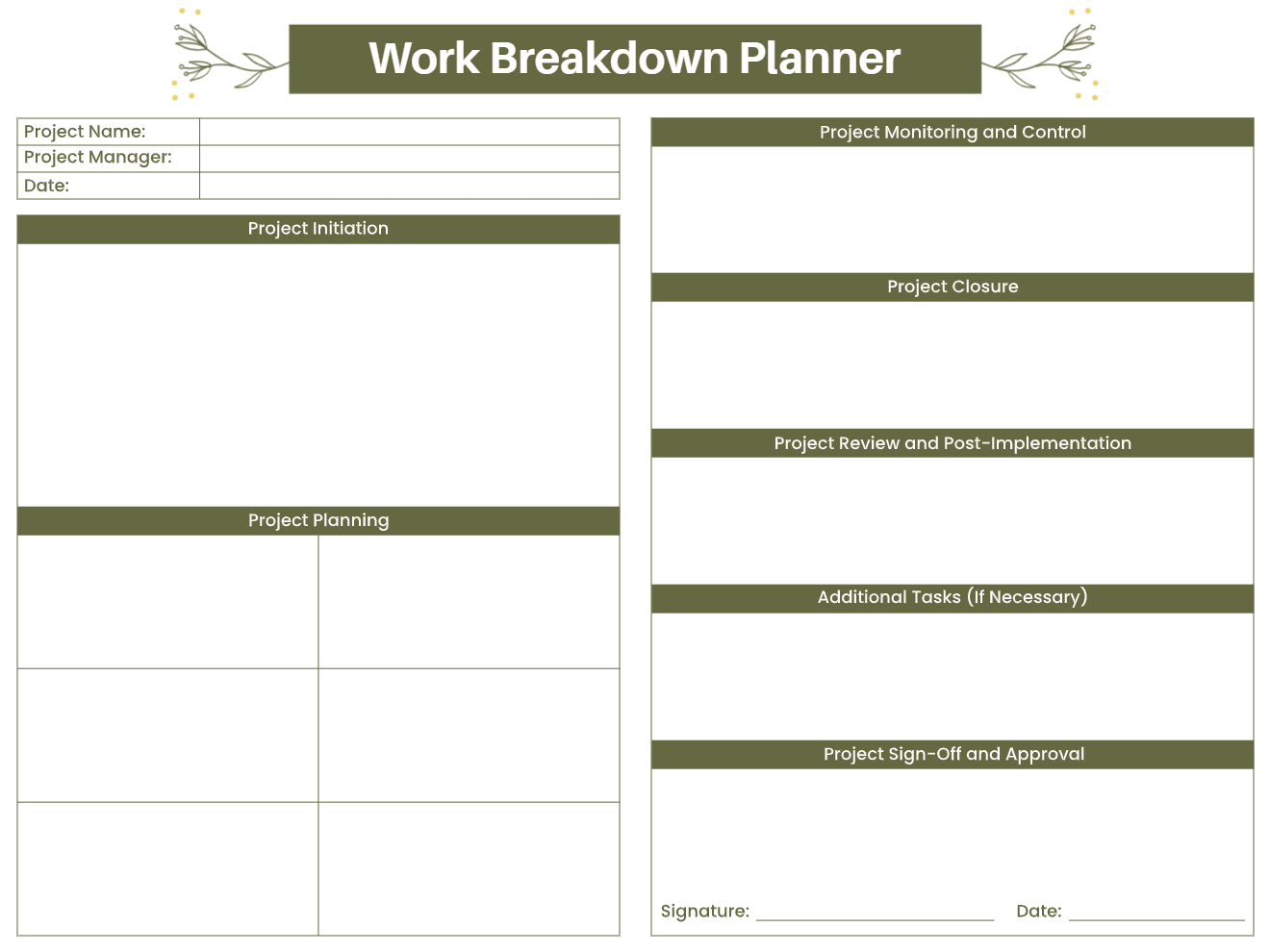 Olive green work breakdown planner with sections for project initiation, planning, monitoring, closure, review, and sign-off approval.