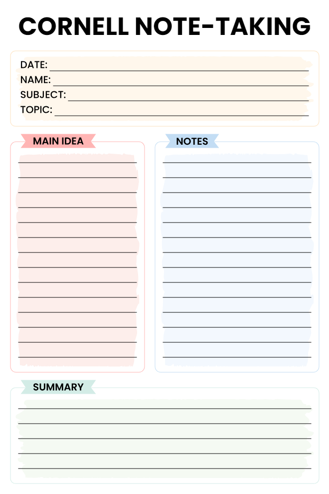 Cornell Note-Taking template with bold black title, cream header section for date/name/subject/topic, side-by-side pink Main Idea and blue Notes columns, and mint green Summary section at bottom on white background.
