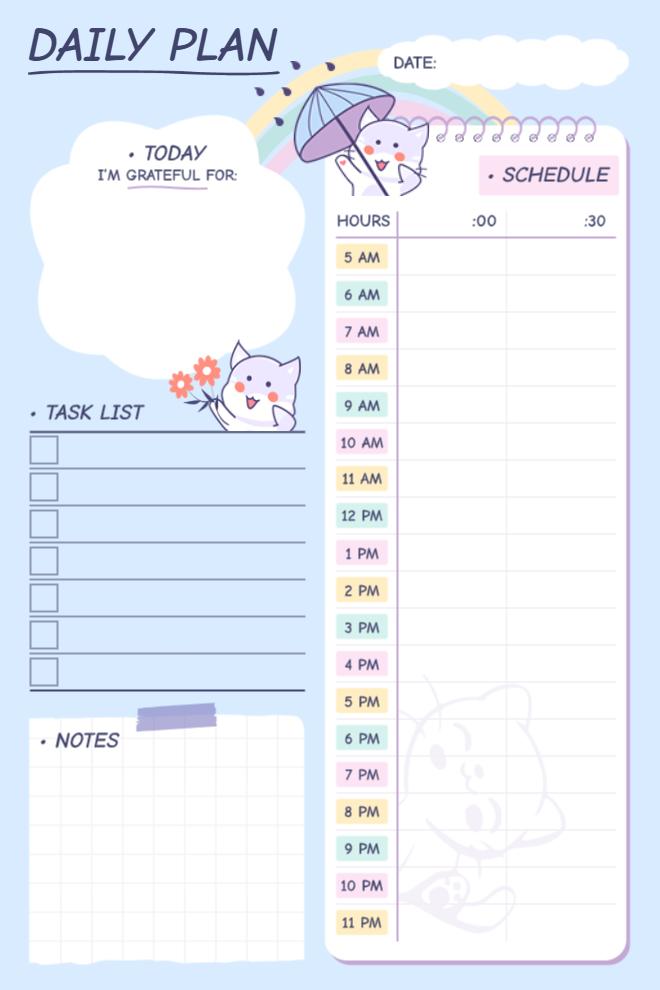 Blue kawaii daily planner with cat illustrations, gratitude prompt, task checklist, and half-hour hourly schedule from 5 AM to 11 PM.