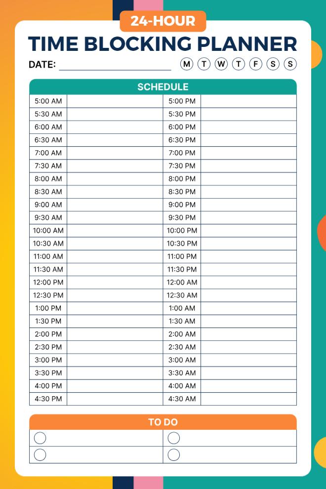 24-hour time blocking planner with 30-minute intervals, day selector, and to-do checklist