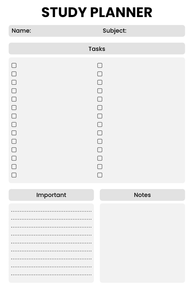 Minimal Study Planner in grey and white with name and subject fields, large two-column task checklist, important notes section, and general notes box.