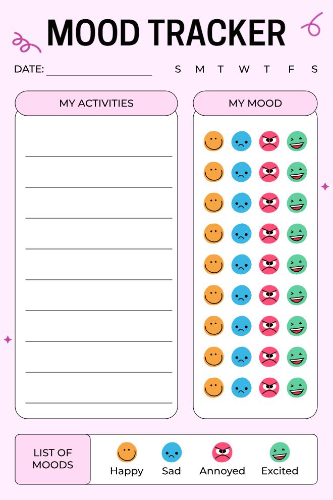 Weekly mood tracker with activities section and emoji mood options for each day