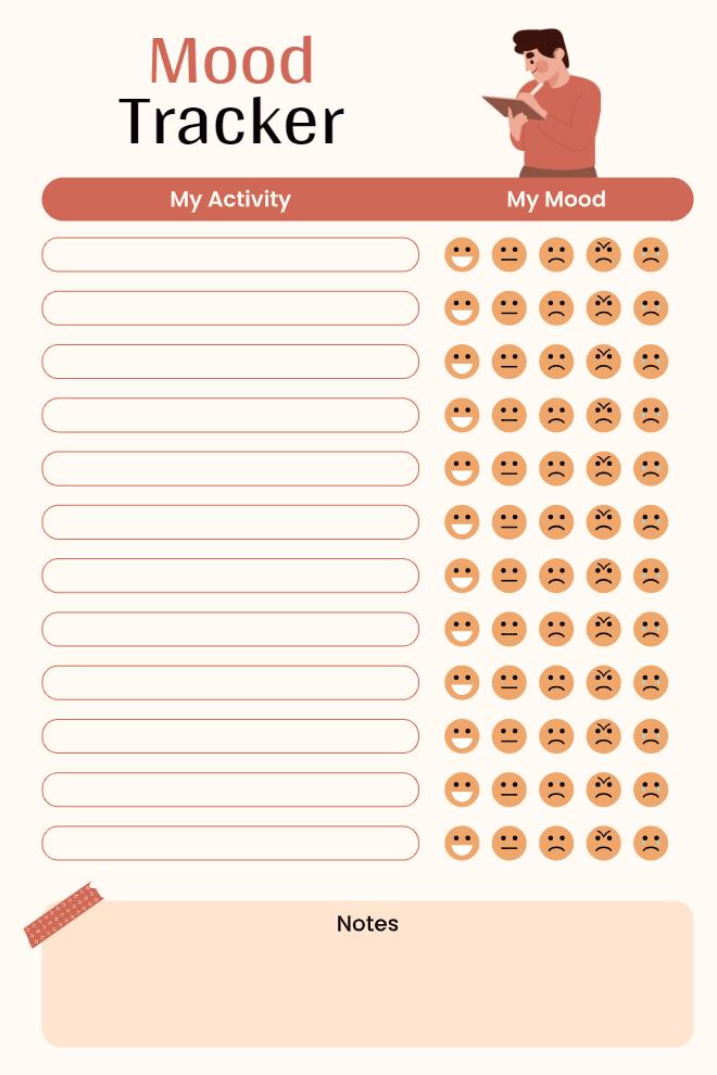Activity-mood tracker with emoji ratings and notes section in warm beige tones