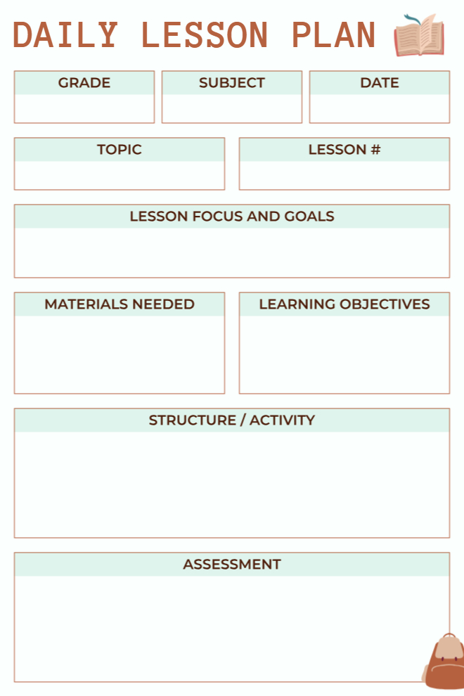 Daily lesson plan with sections for focus, goals, materials, objectives, activities, and assessment
