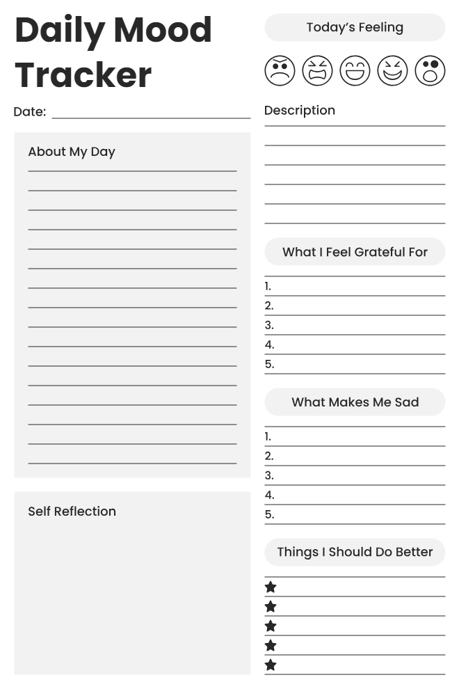 Daily mood tracker with feelings selector, gratitude list, sadness triggers, and self-reflection sections