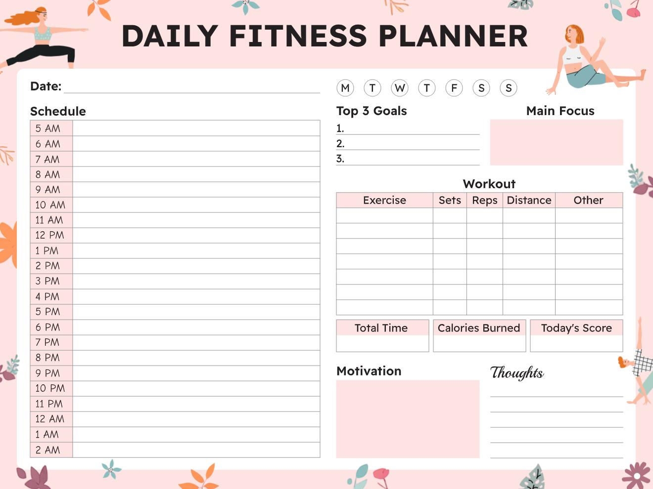 Pink daily fitness planner with hourly schedule, workout log table, top goals, calories burned, motivation, and thoughts sections.