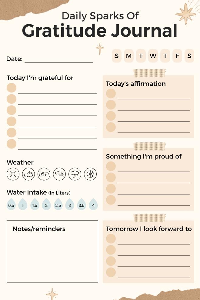 Beige daily gratitude journal template with sections for gratitude, affirmation, weather, water intake, notes, and tomorrow's intentions