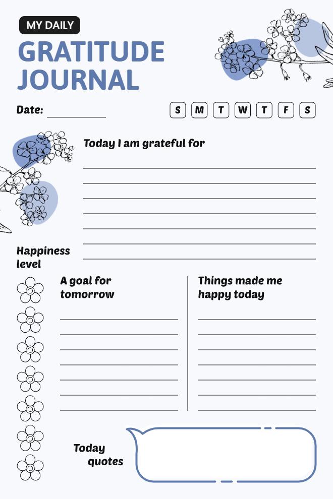 Blue floral daily journal with gratitude, happiness tracker, goals, happy moments, and quote sections
