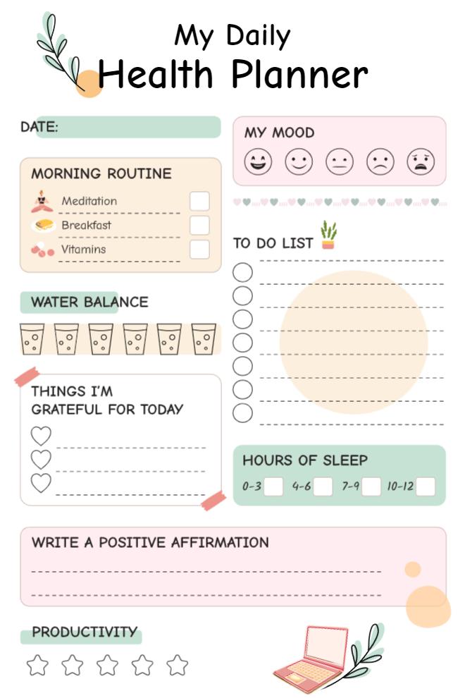 My Daily Health Planner on white with soft green and pink sections, morning routine checklist, mood emoji row, water glass tracker, to-do list, gratitude hearts, sleep hours selector, affirmation field, and 5-star productivity rating with laptop illustration.
