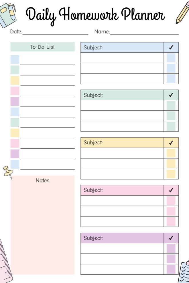 Pastel daily homework planner with five color-coded subject sections, individual checklists, a general to-do list, and a notes area.