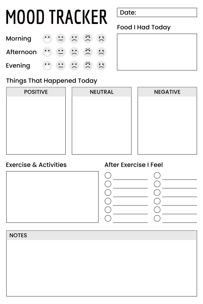 Holistic daily mood tracker with food log, event categories, exercise tracking, and three daily mood check-ins