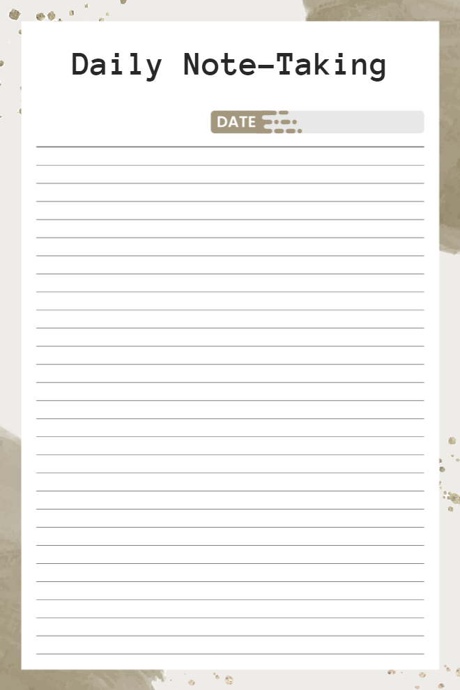 Daily Note-Taking template with bold black title, small date bar, and full-lined writing page on white paper over beige and gold watercolor background.