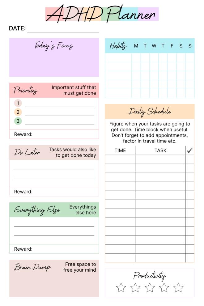 ADHD daily planner with focus section, habit tracker, priorities, daily schedule, do later list, brain dump, and productivity rating