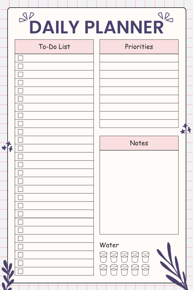 Pink and navy daily planner with to-do checklist, priorities column, notes section, and water tracker icons.