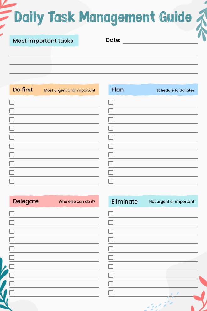 Daily task management guide using Eisenhower Matrix with do, plan, delegate, eliminate sections