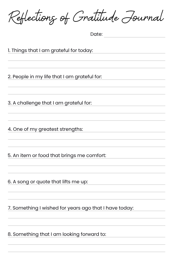 Minimalist gratitude journal with 8 deep reflection prompts on a clean white background